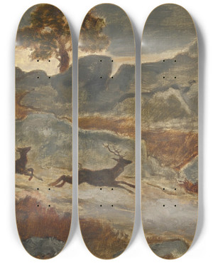 Triptych art skateboard deck of Antoinelouis Barye Stag And Doe In Flight by Antoine-Louis Barye (1796-1875)