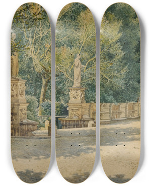 Triptych art skateboard deck of Josef Theodor Hansen Terrace In The Gardens Of The Villa Borghese Rome by Josef Theodor Hansen (1848-1912)