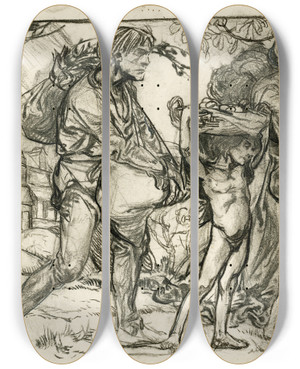 Triptych art skateboard deck of Johannes Josephus Aarts Man Vrouw En 3 Kinderen Met Vruchten by Johannes Josephus Aarts (1871-1934)