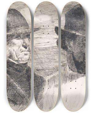 Triptych art skateboard deck of Hans Nikolaj Hansen De To Fyrkarle by Hans Nikolaj Hansen (1853-1923)