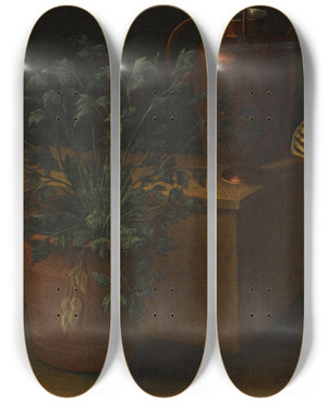 Triptych art skateboard deck of Rodolfo Lodi A Still Life With Two Wicker Covered Glass Bottles A Jug A Selection Of Other Pots And An Herbaceous Plant by Rodolfo Lodi (17-)