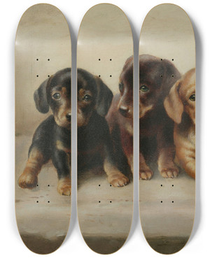 Triptych art skateboard deck of Carl Reichert Four Dachshund Puppies by Carl Reichert (1836-1918)