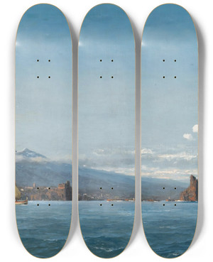Triptych art skateboard deck of Michael Zeno Diemer Sailing Boats Before Mount Etna by Michael Zeno Diemer (1867-1939)
