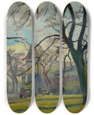 Triptych art skateboard deck of Stanisaw Kamocki Theme From The Planty Park In Krakow by Stanislaw Kamocki (1875-1944)