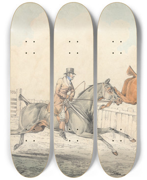 Triptych art skateboard deck of Henry Thomas Alken Two Riders Jumping A Wooden Fence by Henry Thomas Alken (1785-1851) Triptych art skateboard deck of Henry Thomas Alken Two Riders Jumping A Wooden Fence by Henry Thomas Alken (1785-1851)