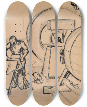 Triptych art skateboard deck of Ivan Ivanec Garbarz Przy Pracy by Ivan Ivanec (1893-1946)