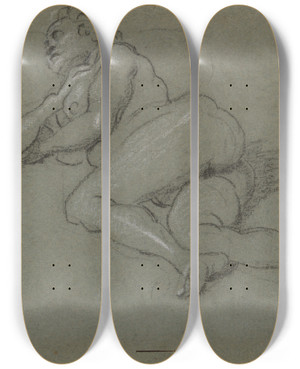 Triptych art skateboard deck of Domenico Tintoretto Reclining Female Nude_2 by Domenico Tintoretto (1560-1635)