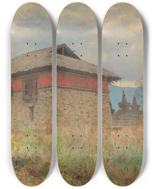 Triptych art skateboard deck of Vasily Vereshchagin The Main Temple Of Tassiding Monastery Sikkim by Vasily Vereshchagin (1842-1904)