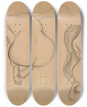 Triptych art skateboard deck of Gustav Klimt Two Studies Of A Seated Nude With Long Hair_1 by Gustav Klimt (1862-1918)