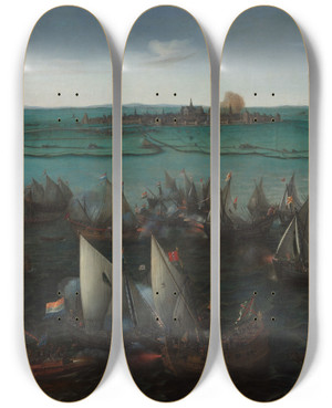 Triptych art skateboard deck of Hendrik Cornelisz Vroom Battle Between Dutch And Spanish Ships On The Haarlemmermeer by Hendrik Cornelisz Vroom (1562-1640)