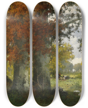 Triptych art skateboard deck of Adolf Kaufmann Waldlichtung Mit Reisigsammlern by Adolf Kaufmann (1848-1916)