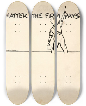 Triptych art skateboard deck of Cyril Kenneth Bird Fougasse  It Doesnt Matter The Firm Pays For It by Cyril Kenneth Bird (Fougasse) (1887-1965)