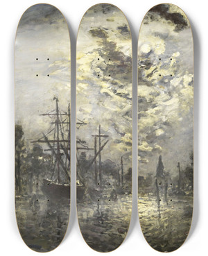 Triptych art skateboard deck of Johan Barthold Jongkind Rotterdam In The Moonlight by Johan Barthold Jongkind (1819-1891)