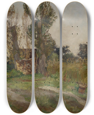Triptych art skateboard deck of Carl Theodor Meyerbasel Banks Of The Island Of Reichenau by Carl Theodor Meyer-Basel (1860-1932)