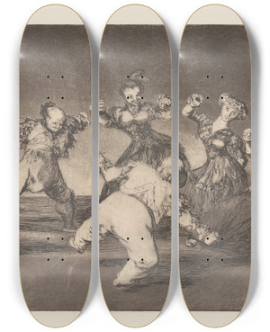 Triptych art skateboard deck of Francisco De Goya If Marion Will Dance Then She Will Have To Take The Consequences Si Marina Bayl Tome Lo Que Hall by Francisco de Goya (1746-1828)