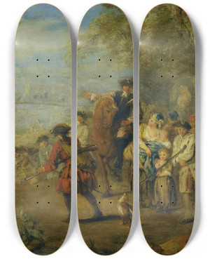Triptych art skateboard deck of Jeanbaptiste Pater Figures In A Military Encampment With A Horseman Directing Troops by Jean-Baptiste Pater (1695-1736)