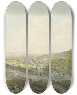 Triptych art skateboard deck of Marquard Wocher Blick Von Einer Anhhe Auf Das Dorf St Jakob Bei Basel Mit Spitzem Kirchturm by Marquard Wocher (1760-1830)
