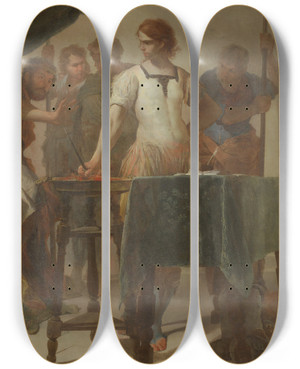 Triptych art skateboard deck of Bernardo Cavallino Mucius Scaevola Confronting King Porsenna by Bernardo Cavallino (1616-1656)