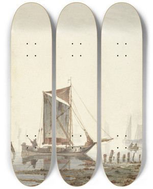 Triptych art skateboard deck of Hendrik Gerrit Ten Cate Schepen Op Een Rivier Bij De Oever by Hendrik Gerrit Ten Cate (1803-1856)