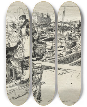 Triptych art skateboard deck of Auguste Louis Lepre Le March Aux Pommes No 1 by Auguste Louis Lepere (1849-1918) Triptych art skateboard deck of Auguste Louis Lepre Le March Aux Pommes No 1 by Auguste Louis Lepere (1849-1918)