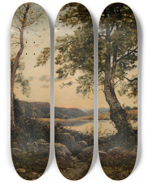 Triptych art skateboard deck of Henrijoseph Harpignies Laurore by Henri Joseph Harpignies (1819-1916)