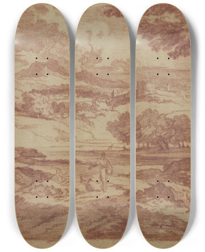 Triptych art skateboard deck of Abraham Genoels Ii Ein Wanderer Auf Einem Weg Der Auf Eine Auf Einer Anhhe Gelegene Burg Zufhrt by Abraham Genoels Ii (1640-1723)