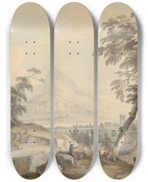 Triptych art skateboard deck of Paul Sandby Italianate Landscape With Travelers No 1 by Paul Sandby (1731-1809)