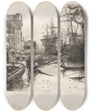 Triptych art skateboard deck of Otto Henry Bacher View In Venice by Otto Henry Bacher (1856-1909)
