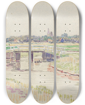Triptych art skateboard deck of Paul Baum Landschaft Mit Brcke by Paul Baum (1859-1932)