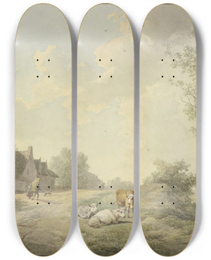 Triptych art skateboard deck of Abraham Teerlink An Einem Weg Bei Bauernhusern Vier Khe by Abraham Teerlink (1776-1857)