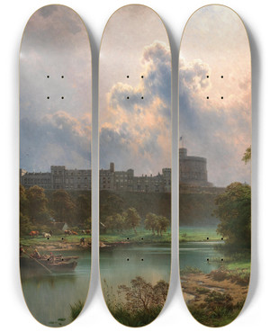 Triptych art skateboard deck of Ernst Rieck A View Of Windsor Castle by Ernst Rieck (1828-1866)