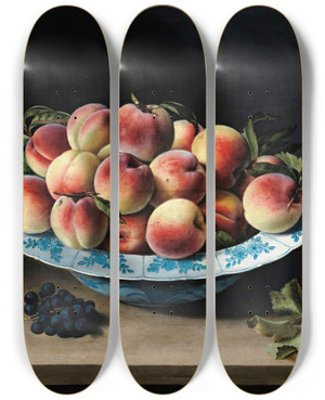Triptych art skateboard deck of Louise Moillon Still Life With Peaches In A Chinese Mingporcelainon An Entablature by Louise Moillon (1610-1696)