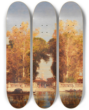 Triptych art skateboard deck of Flix Ziem The French Gardens In Venice by Felix Ziem (1821-1911)