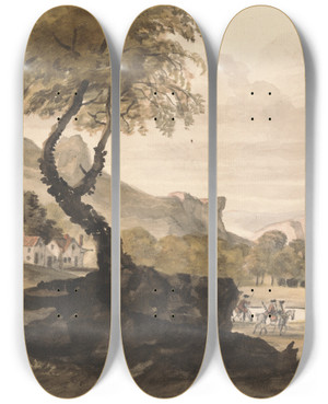 Triptych art skateboard deck of Peter Tillemans Hilly Scene With Village And Horseman by Peter Tillemans (1684-1734)