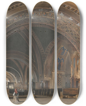 Triptych art skateboard deck of Thomas Hartley Cromek The Interior Of The Lower Basilica Of St Francis Of Assisi by Thomas Hartley Cromek (1809-1873)