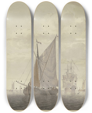 Triptych art skateboard deck of Cornelis De Grient Vor Anker Liegende Segelschiffe by Cornelis de Grient (1691-1783)