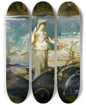 Triptych art skateboard deck of Abbott Handerson Thayer Minerva In A Chariot by Abbott Handerson Thayer (1849-1921)