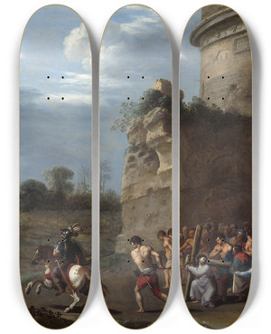 Triptych art skateboard deck of Cornelis Van Poelenburch Christ Carrying The Cross by Cornelis Van Poelenburch (1594-1667)
