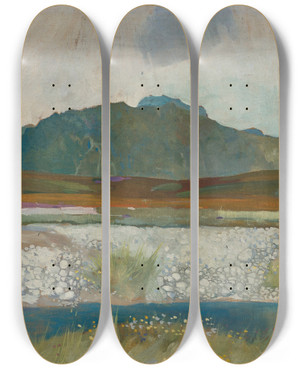 Triptych art skateboard deck of Edward Reginald Frampton Mountainous Lake Landscape by Edward Reginald Frampton (1870-1923)