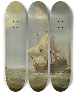Triptych art skateboard deck of Jan Claesz Rietschoof Vessels In A Breeze by Jan Claesz Rietschoof (1651-1719)