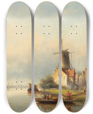 Triptych art skateboard deck of Jan Jacob Coenraad Spohler Fishermen On The Canal by Jan Jacob Coenraad Spohler (1837-1923)