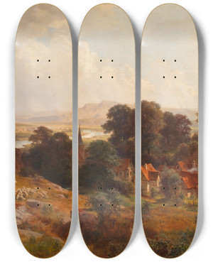 Triptych art skateboard deck of Ludwig Halauska Sommerlandschaft by Ludwig Halauska (1827-1882)