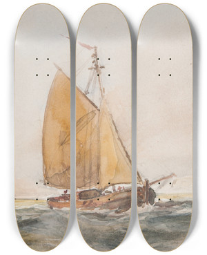 Triptych art skateboard deck of Bror Jacob Adelborg Jakt Under Segel by Bror Jacob Adelborg (1816-1865)