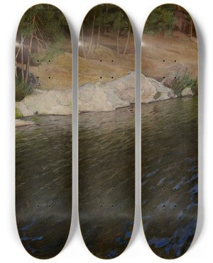 Triptych art skateboard deck of Pekka Halonen Riverside by Pekka Halonen (1865-1933)