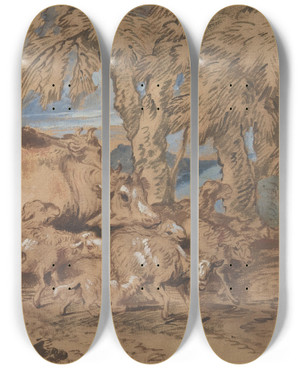 Triptych art skateboard deck of Giovanni Benedetto Castiglione Pastoral Scene Nomads With Sheep And Cattle_1 by Giovanni Benedetto Castiglione (1609-1664)