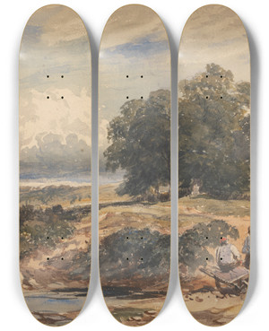 Triptych art skateboard deck of David Cox Jnr Landscape With Men Sifting Sand by David Cox Jnr (1809-1885)
