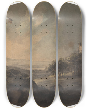 Triptych art skateboard deck of William Gilpin Landscape With Two Men On A Hill And A Castle In The Distance by William Gilpin (1724-1804)