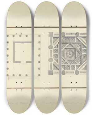 Triptych art skateboard deck of Giovanni Battista Borra Plan Of A Temple At Mylasa And Detail Of A Coffered Ceiling From A Tomb by Giovanni Battista Borra (1713-1770)