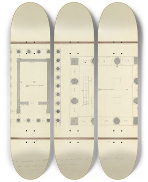 Triptych art skateboard deck of Giovanni Battista Borra Plan Of A Temple At Mylasa And Of Another Three Hours From Thence On The Road To Mandaleus by Giovanni Battista Borra (1713-1770)