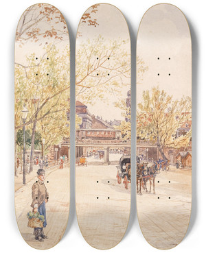 Triptych art skateboard deck of Rudolf Bernt Brcke Der Verbindungsbahn Mit Dem Invalidenhaus by Rudolf Bernt (1844-1914)